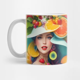 А woman with a white hat and some colorful fruity Mug